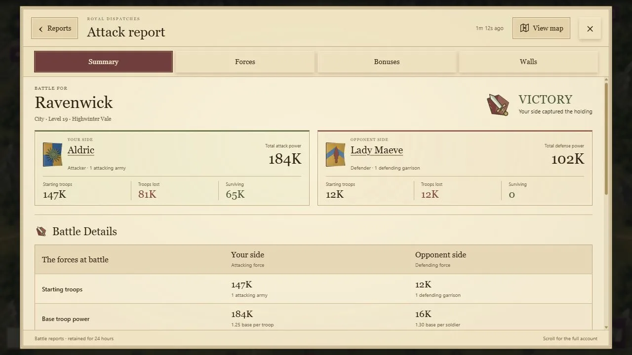 Actual Crownlands game battle report interface with fictional example values