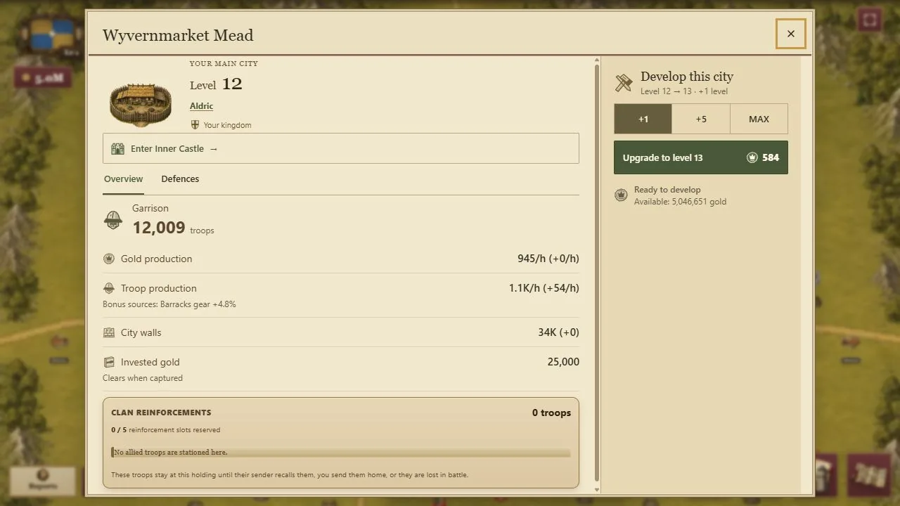 Actual Crownlands game grow interface with fictional values