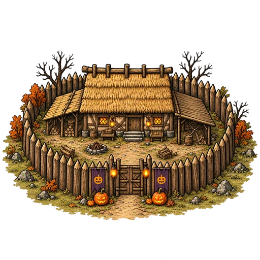 Halloween timber settlement with pumpkins and warm windows