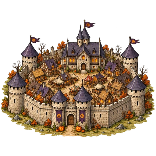 Halloween walled castle with warm lanterns
