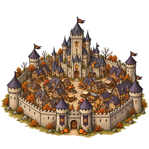 Halloween grand castle with pumpkins and purple roofs