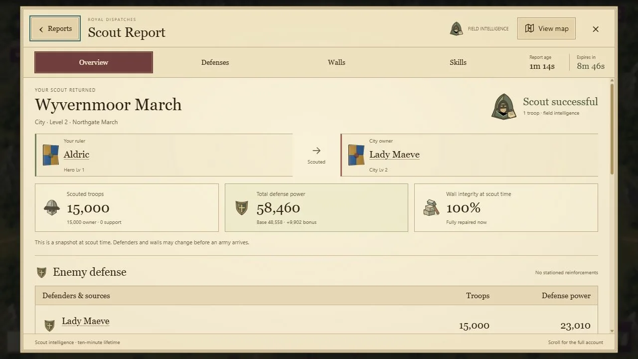 Actual Crownlands game scouting interface with fictional example values