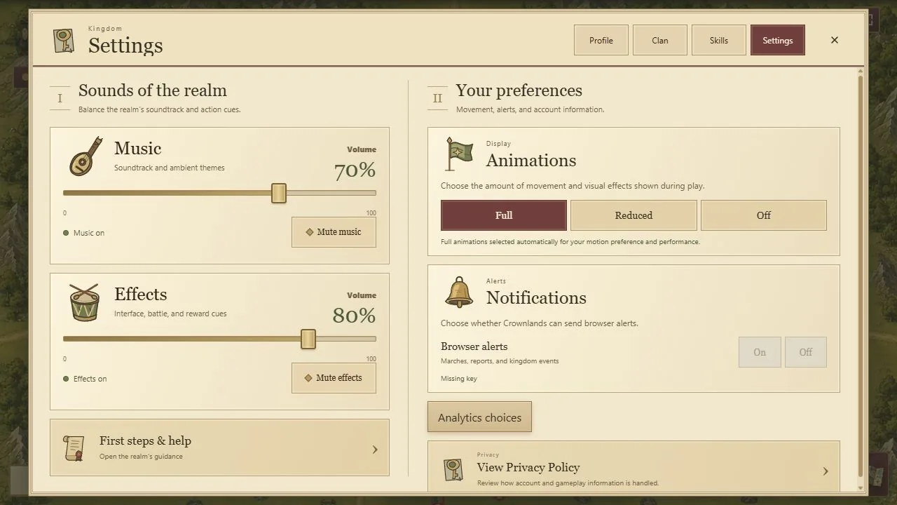 Actual Crownlands game settings interface with fictional example values