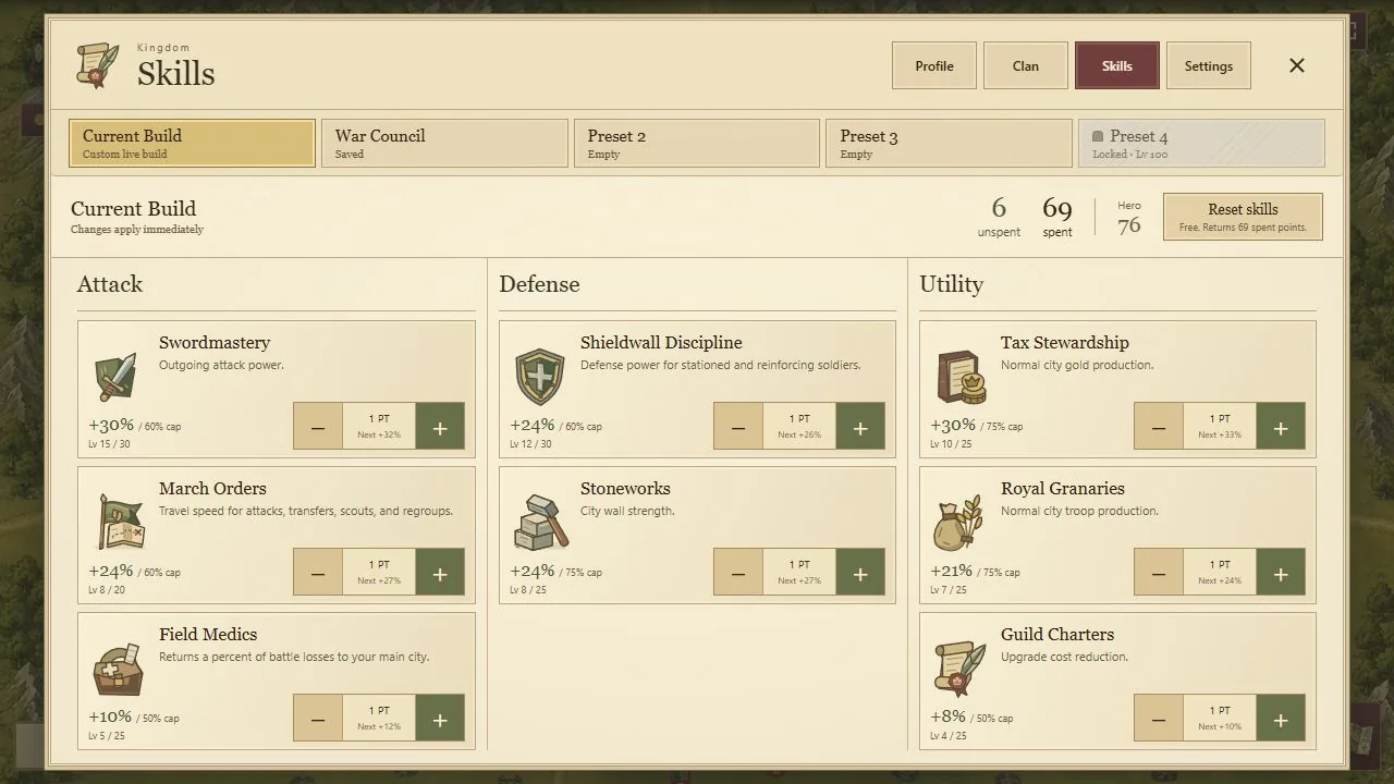 Actual Crownlands game skills interface with fictional example values