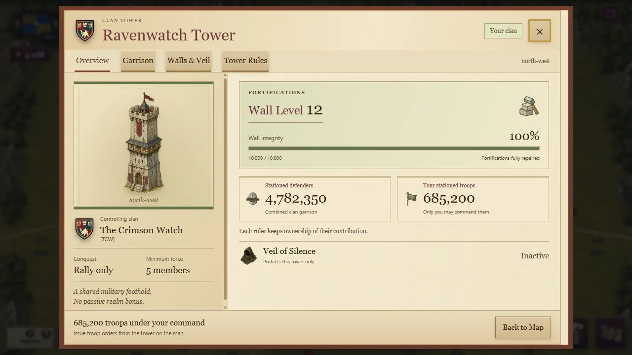 Crownlands tower details interface captured with fictional demonstration state