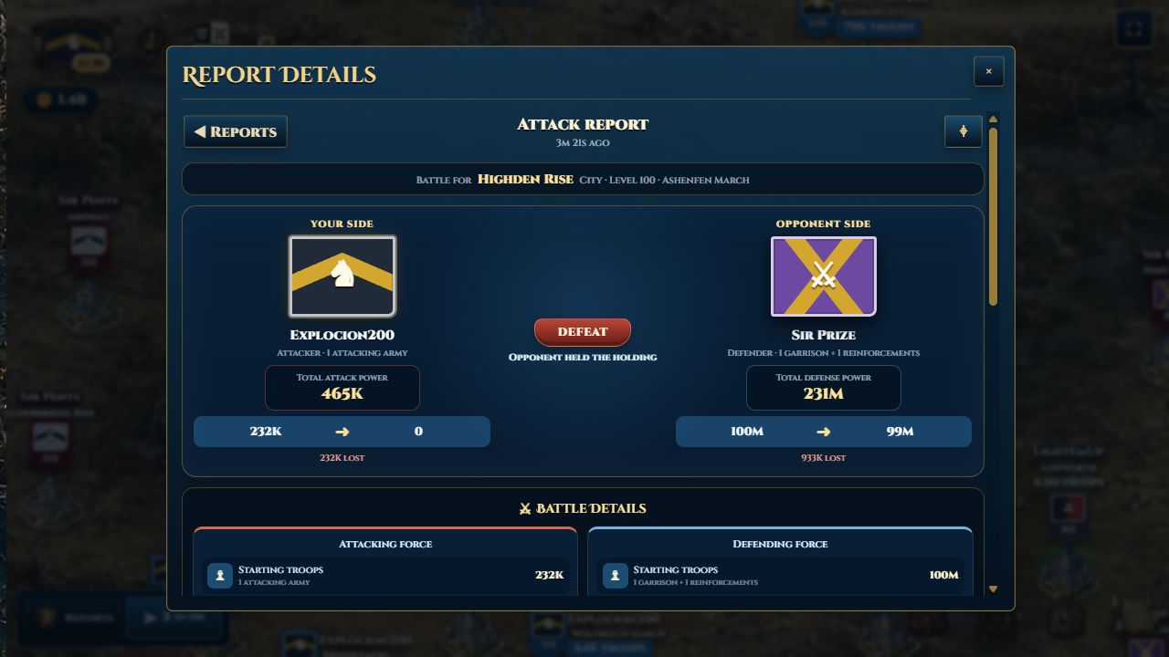 Crownlands attack report comparing attacker power, defender power, wall integrity, losses, and bonuses